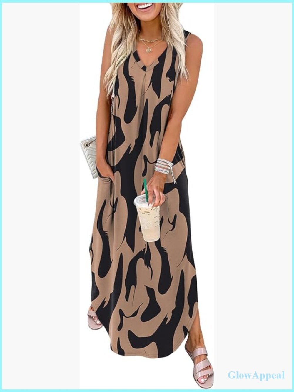 Maxi Dress V Neck Sleeveless Side Slit Sundress with Pockets for Beach Vacation